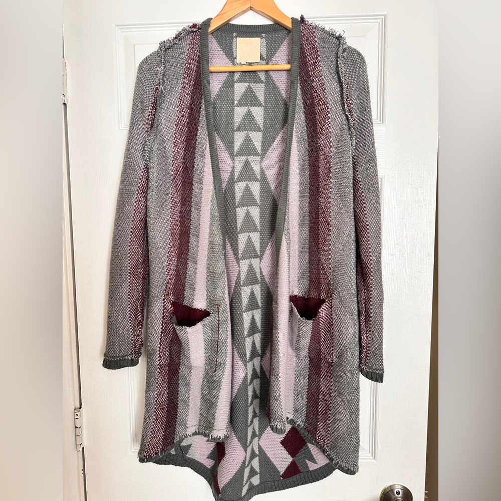 Chaser Aztec Graphic Design Cardigan in Gray and Burgundy